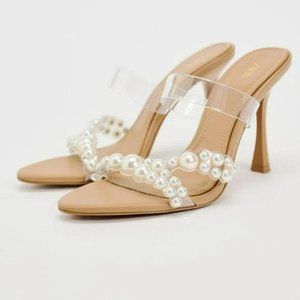 ZARA HEELED VINYL SANDALS WITH FAUX PEARLS